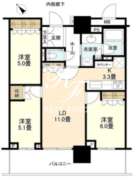 ブランズタワー豊洲 36階68.53㎡ 間取り図