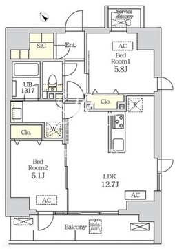 コスモグラシア新宿西早稲田 1202 間取り図